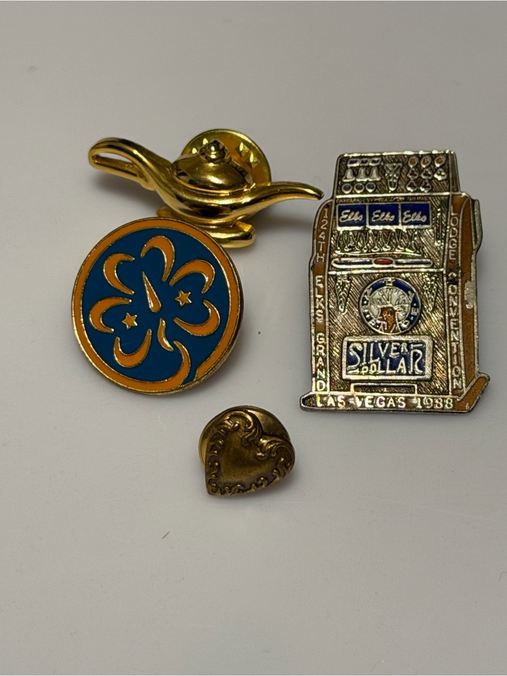 Vtg 4 Piece Pin Lot: 1988 Las Vegas Elks, Girl Scout Trefoil, Signed Avon
